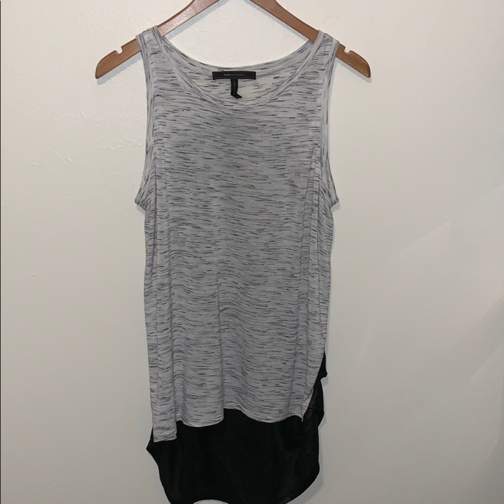 BCBGMaxAzria Harlow Tank Top Sateen Back High Low Heather Gray Black Sz Medium